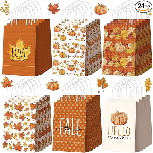 Kolldenn 24 Pcs Thanksgiving Party Favors Bags Fall Gift Goodie Paper Bags with Handles Autumn Maple Leaf Pumpkin Pouch for Thanksgiving Party Decorations Supplies