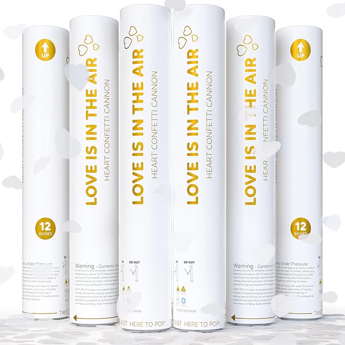 White Biodegradable Heart Confetti Poppers Confetti Cannon | 6 Pack | Party Poppers Decoration for Valentine's Day, Wedding, Bridal Shower | Wedding Supplies Party Favors | 12 in | TUR Party Supplies