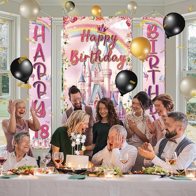 Custom Photo Birthday Banner Set Personalized Door Banners Polyster Backdrop Party Decorations Supplies Background for Birthday Newborn Baby Shower Celebration(Castle)