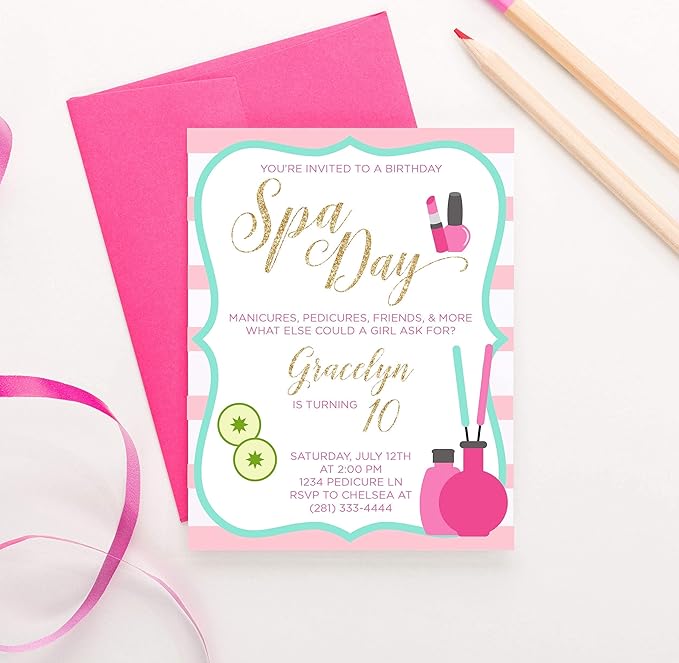 Modern Pink Paper Spa Day Birthday Invitations for Girls, Spa Day Invitations Birthday, Your choice of Quantity, Age, Info and Envelope Color