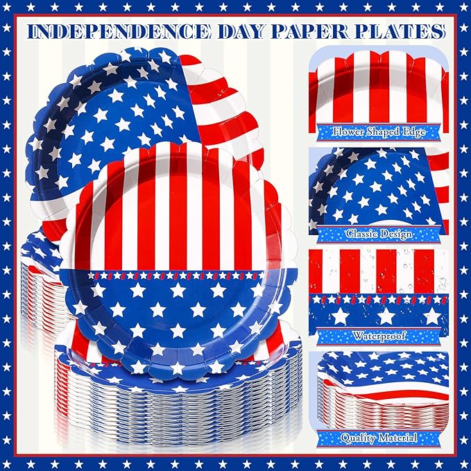 Funnymoom 96 Pcs Memorial Day Tableware Set for 48 Guests Include 48 Pcs 7 Inch Dessert Plates and 48 Napkins Patriotic American Star Flag Dinnerware for 250th Anniversary Independence Day Party