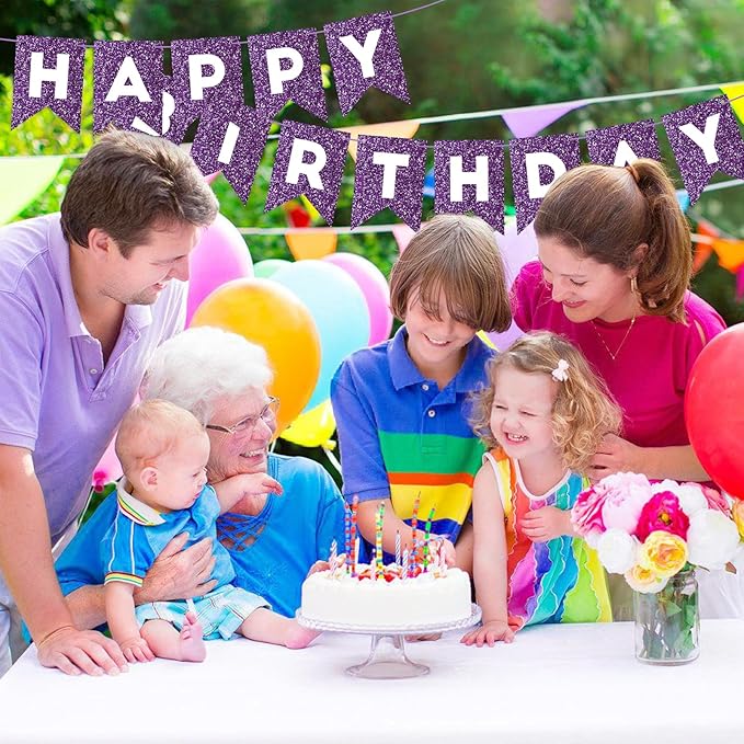 Hooqict Purple Happy Birthday Banner Garland Sign for Backdrop Women Girls Purple Birthday Party Decorations Supplies Wall Door Party Banner