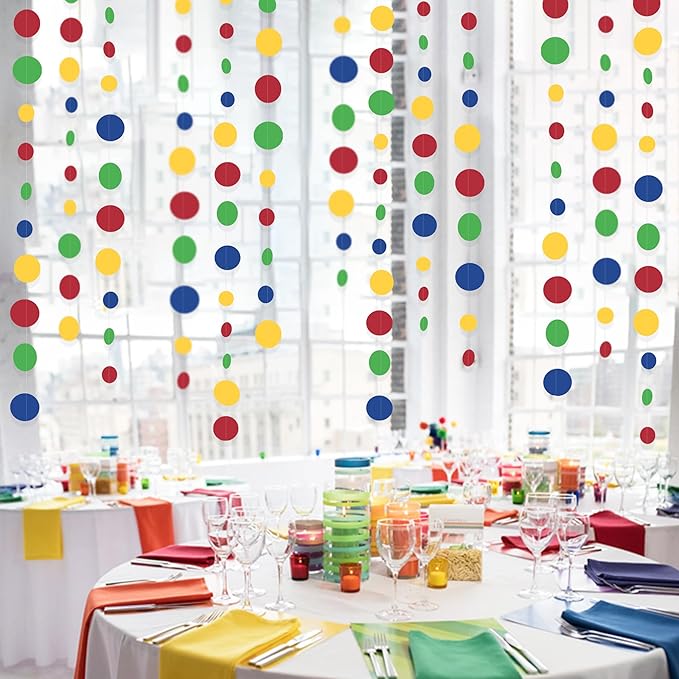 Mario Party Decorations Circle Dot Garland Red Blue Yellow Green Hanging Paper Polka Dot Streamer for Birthday Baby Shower Wedding Bridal Shower Carnival Circus Clown Fiesta Party Supplies