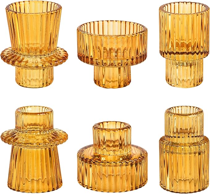 Taper Votive Candle Holder for Pillar Candles Tealight, Candlestick Holder for Wedding Christmas Tea Party, Boho Ribbed Vintage Crystal Glass Table Centerpiece Decor, Bulk Set of 6 (Amber)