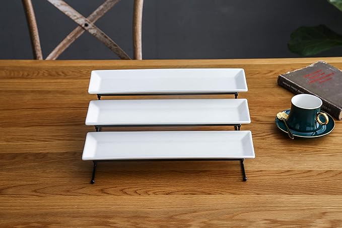 3 Tier Collapsible Thicker Sturdier Plate Rack Stand with Plates - Three Tiered Cake Serving Tray - Dessert Fruit Presentation - Party Food Server Display - 3 White 12' x 6" Porcelain Platters Incl