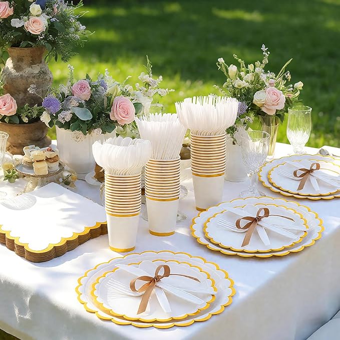 Ziliny 350 Pcs White Plates and Napkins Party Supplies for 50 Guests Wedding Disposable Tableware Include Scalloped Plates Paper Napkin Cup Spoon Fork Knife for Wedding, Birthday