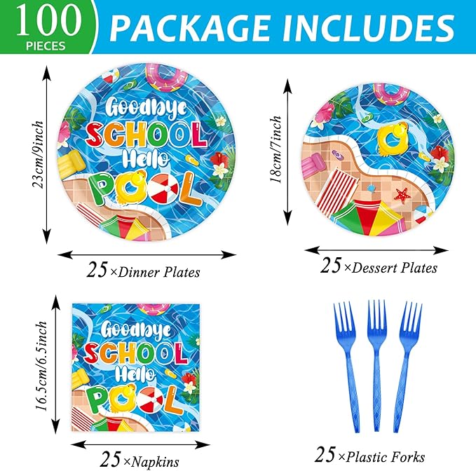 Qyeahkj 100 Pcs Pool Party Decoration for Goodbye School Hello Pool Paper Plate Napkin End of School Year Dinnerware Table Supplies Summer Vacation Graduation Birthday Party Tableware Decor Serves 25