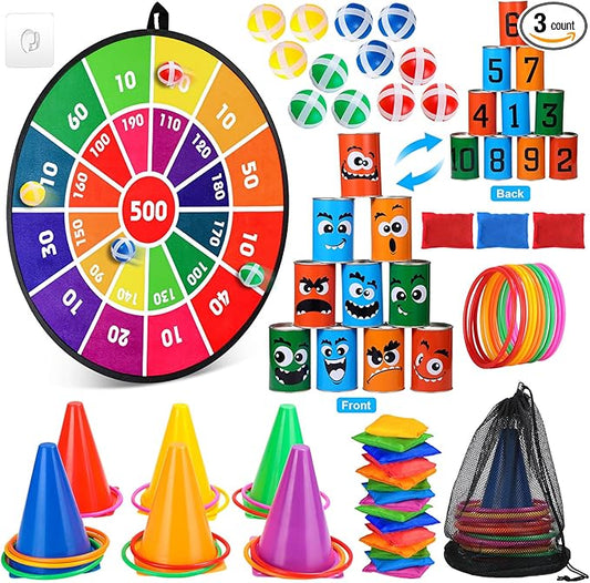 Hungdao 3 Sets Carnival Games Combo Set, Dart Board with Balls Plastic Cones Ring Bean Bags Toss Game for Boys Girls Adults Family Birthday Yard Indoor Outdoor
