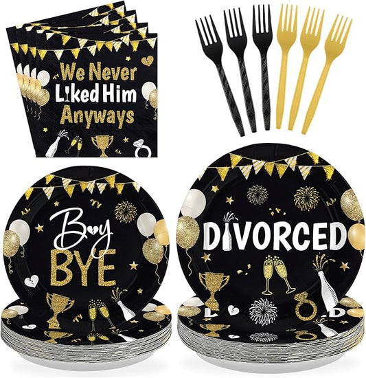 96Pcs Divorced Party Decorations We Never Liked Him Anyway Plates and Napkins Black Gold Divorced Disposable Paper Tableware Set for Women Men Break Up Divorce Party Supplies Serves 24