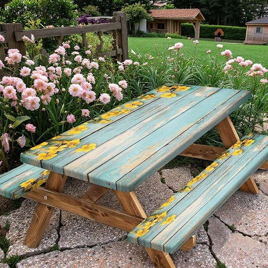 Flowers Picnic Table Cover with Bench Covers, Wooden Vintage Farmhouse RV Camping Tablecloth Fitted Picnic Table Covers, Country Rectangle Tables Family Garden Outdoor Party Decorations, 30X72in