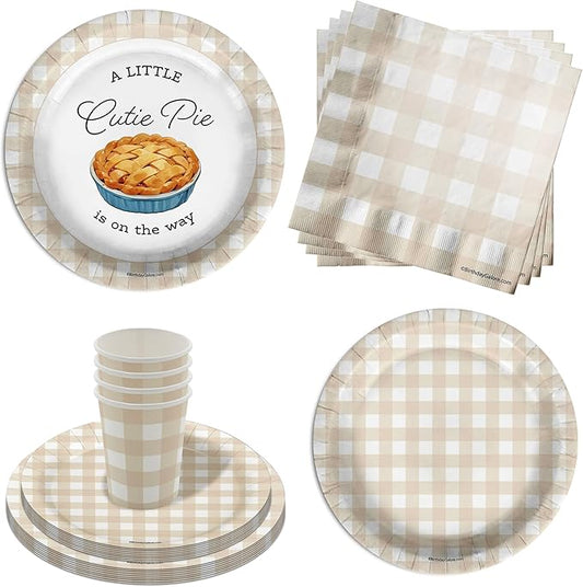 Birthday Galore Cutie Pie On The Way Baby Shower Party Supplies - 64 Piece Baby Shower Tableware Set Includes Large 9" Dinner Plates and 8" Dessert Paper Plates Napkins Cups - Kit for 16