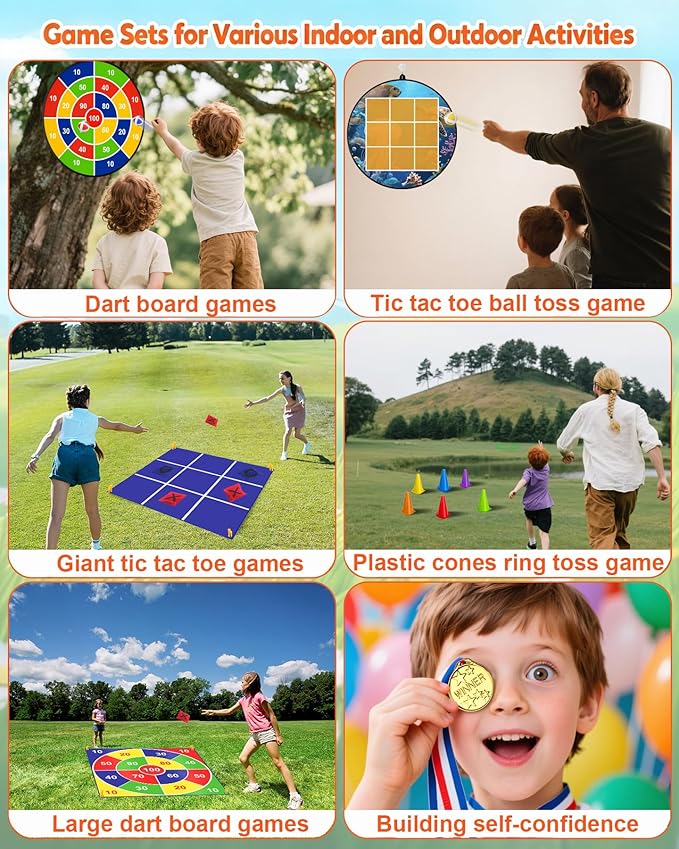 Outdoor Giant Tic Tac Toe Games, 4.5FT x 4.5FT Double-Sided, 26" Dart Board with Sticky Balls, Soft Plastic Cones Ring Toss Game Set for Kids Adults Family Outside Carnival Lawn Yard Party Games