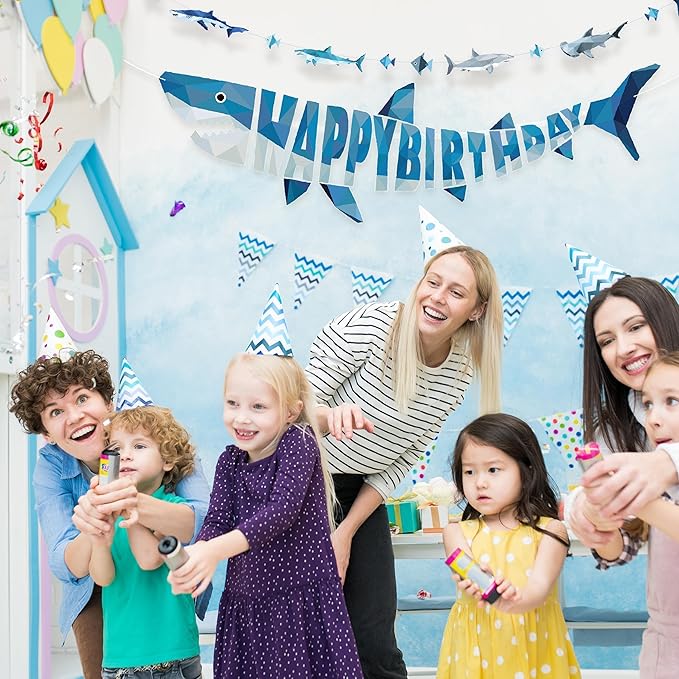 Cheerland Shark Birthday Party Decorations Happy Birthday Banner Hanging Shark Garland Decor Geometric Style Under The Sea Nautical Ocean Theme Pool Party Supplies
