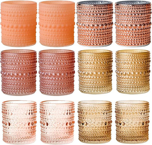WDHODEC Pink Votive Candle Holders Set of 12 - Vintage Hobnail Glass Tealight Holders for Wedding, Valentine's, Party Table Centerpiece Decor