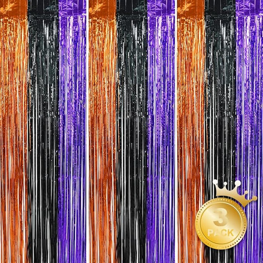 BEISHIDA 3 Pack Tinsel Curtain Party Streamers Backdrop Halloween, Door Streamers Fringe Foil Curtain Backdrop Curtain for Halloween Party Decoration, Orange Black Purple (3.28 ft x 6.56 ft)