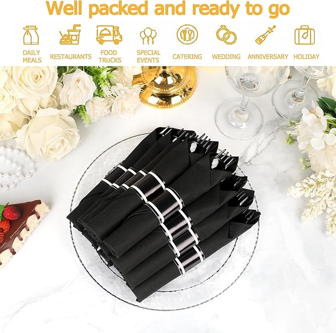 50 Pack Pre Rolled Black Plastic Silverware Set,Wrapped Plastic Cutlery Set with Napkin Include 50 Forks,50 Spoons,50 Knives and 50 Black Napkins for Party,Wedding