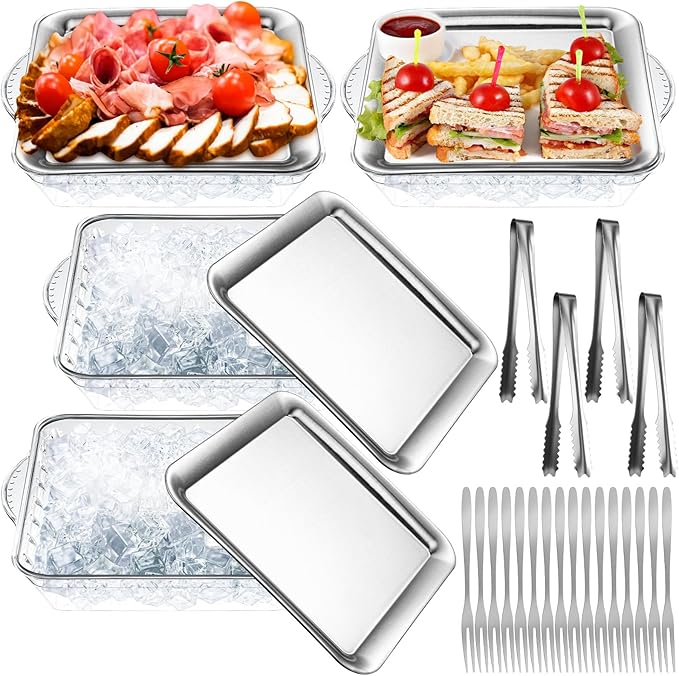 Baderke 4 Set 9" Chilled Serving Tray for Parties with Compartments Ice Chilled Party Platter Charcuterie Serving Board Cold Dish Dip with Forks Tongs for Fruit Seafood Vegetable Appetizer(Silver)
