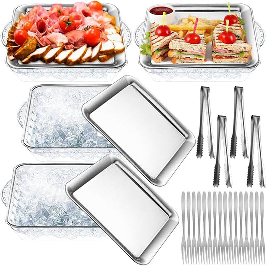 Baderke 4 Set 9" Chilled Serving Tray for Parties with Compartments Ice Chilled Party Platter Charcuterie Serving Board Cold Dish Dip with Forks Tongs for Fruit Seafood Vegetable Appetizer(Silver)