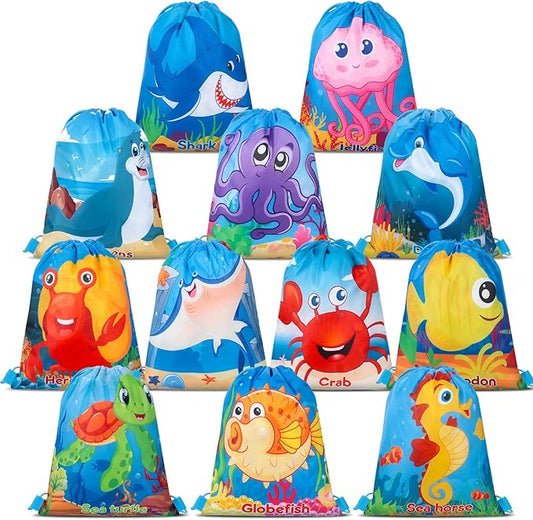 Woanger 12 Packs Ocean Party Supplies Favor Drawstring Bags Colorful Fish Backpack Bag Cartoon Sea Animal Birthday Goodie Bags String Pouch for Kids Ocean Themed Birthday Party Baby Shower Supplies