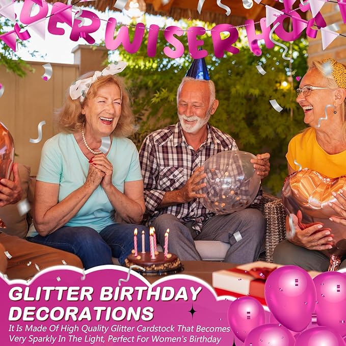 Fulmoon Set of 3 Pre Strung Older Wiser Hotter Glitter Banner Funny Birthday Banner for Women 30th 40th 50th 60th 70th 80th Birthday Party Decorations Sign Gift(Bright Hot Pink)
