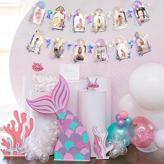 Iridescent Mermaid Photo Banner 4"x6" Jellyfish SeaShell Starfish Photograph Bunting with LED String Light for Little Mermaid Under The Sea Baby Kid Birthday Bachelorette Anniversary Party Decorations
