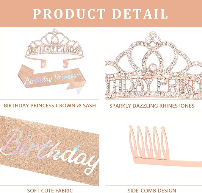 CAVETEE Princess Crowns and Sashes for Girls & Women - Birthday Party Decorations Set