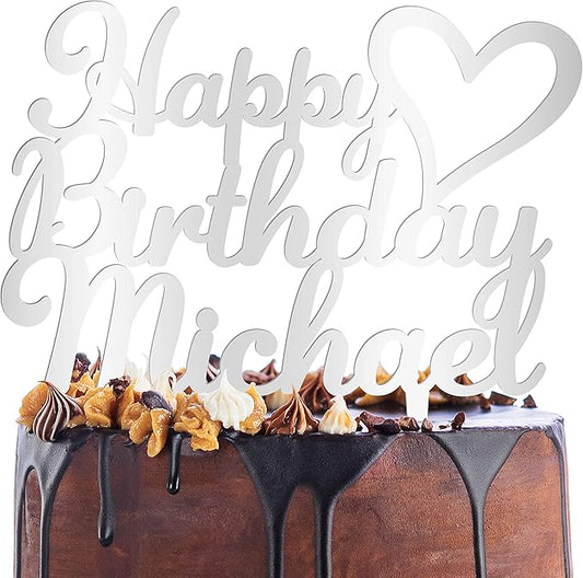 Personalized Birthday Cake Topper - Happy Birthday Cake Toppers w/Name and Heart - Custom Acrylic Cake Decorations, Birthday Cake Topper for Birthday Party - 2 Glitter Acrylic Option