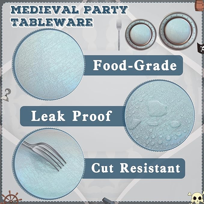 Jingmore 180 Pcs Medieval Party Supplies Disposable Pewter Paper Plates and Forks Tableware Set for Pirate Knight Castle Halloween Decorations Dinner Silver Grey 9" and 7'' Serves 60（Vintage Style）