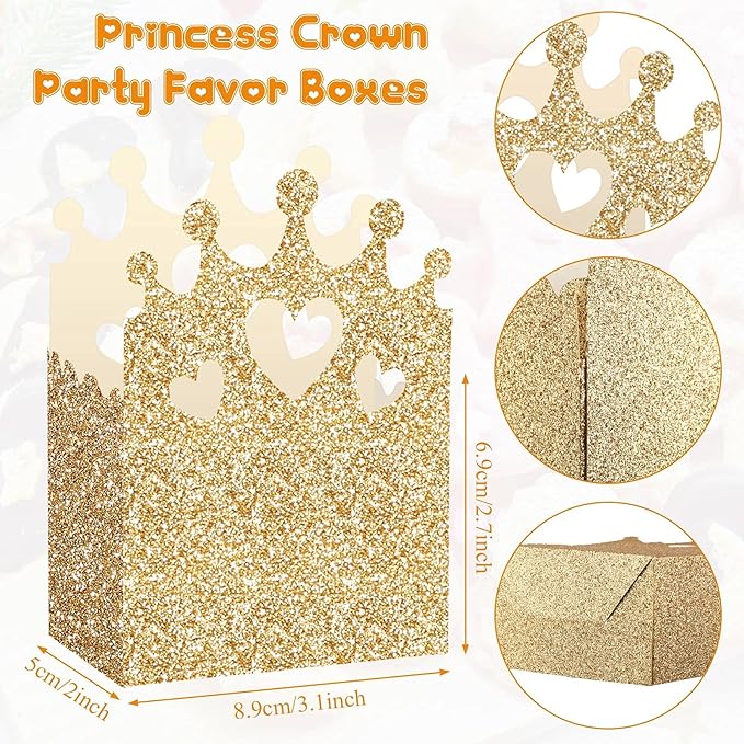 Outus 20 Pieces Princess Crown Boxes Glitter Princess Party decoration Glitter Party Favor Candy Boxes Gold Gifts Container for Wedding Birthday Baby Shower Supplies