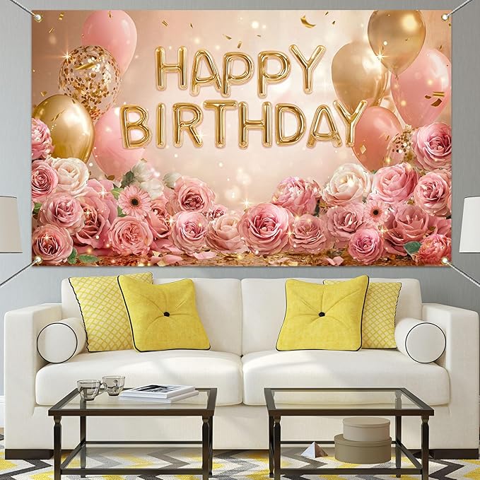Mocsicka Rose Gold Birthday Backdrop Pink Balloon Floral Decorations for Women Girls Gold Anniversary Party Photography Background (Rose Gold, 70.8 x 43.3 Inch)
