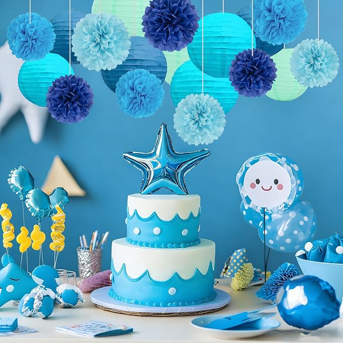 18 PCS Blue Paper Lanterns & Tissue Paper Pom Poms for Boys Birthday, Baby Shower, Wedding, Bridal Shower, Hanging Paper Decor for Indoor Outdoor Events Theme Party Supplies