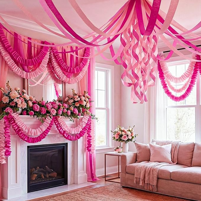Pink Crepe Paper Streamers 9 Rolls 738ft, Pink Streamers Birthday Decorations for Wedding Mother's Day Baby Shower Holiday Party Decor, 1.77 Inch x 82 Ft/Roll