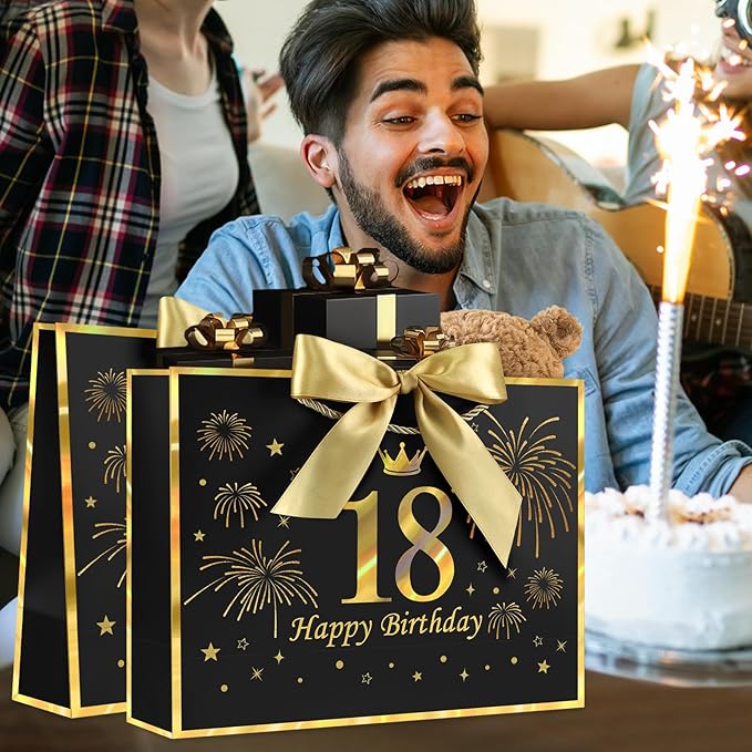 JMANNI Black Gold 18th Birthday Gift Bag with Card and Tissue Paper, 12.6"×9.84"×3.9" Elegant Present Bag for Adults, 18 Year Old Birthday Keepsake Party Supplies