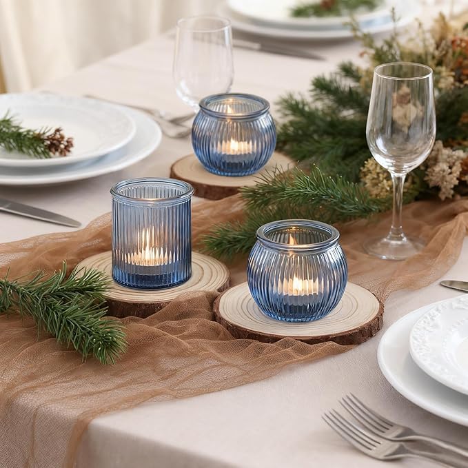 NITIME 12pcs Assorted Blue Votive Candle Holders for Wedding Decor, Ribbed Tea Lights Candle Holder, Glass Candle Holder for Table Centerpiece, Party and Holiday Decorations