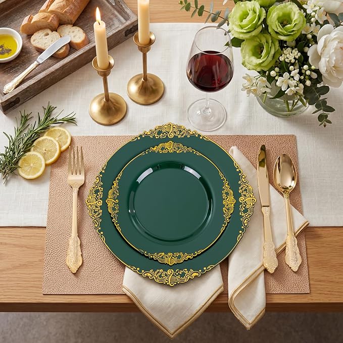 125PCS Green Plastic Plates - Green and Gold Disposable Plates - Fancy Vintage Plate with Gold Plastic Silverware Set for 25 Guests for Party Wedding Spring
