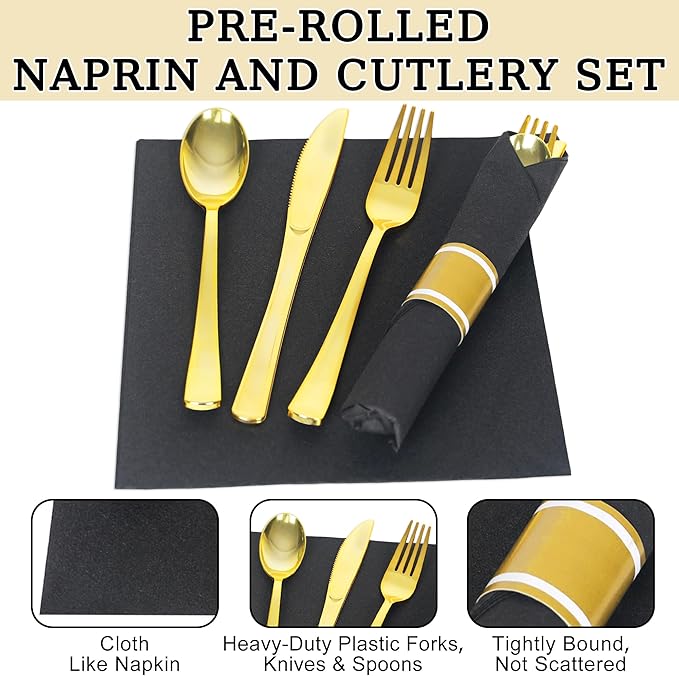 50 Pack Pre Rolled Gold Plastic Silverware Set,Wrapped Plastic Cutlery Set with Napkin Include 50 Forks,50 Spoons,50 Knives and 50 Black Napkins for Party, Wedding,Christmas