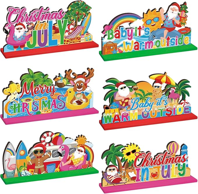 Suzile 6 Pcs Christmas in July Table Decoration July Summer Table Centerpieces Signs Santa Flamingo Palm Tree Theme Beach Party Decorations Home Table Desktop Favors Supplies (Christmas in July)