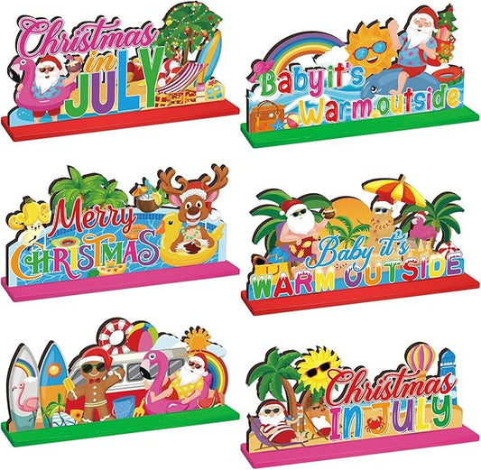 Suzile 6 Pcs Christmas in July Table Decoration July Summer Table Centerpieces Signs Santa Flamingo Palm Tree Theme Beach Party Decorations Home Table Desktop Favors Supplies (Christmas in July)