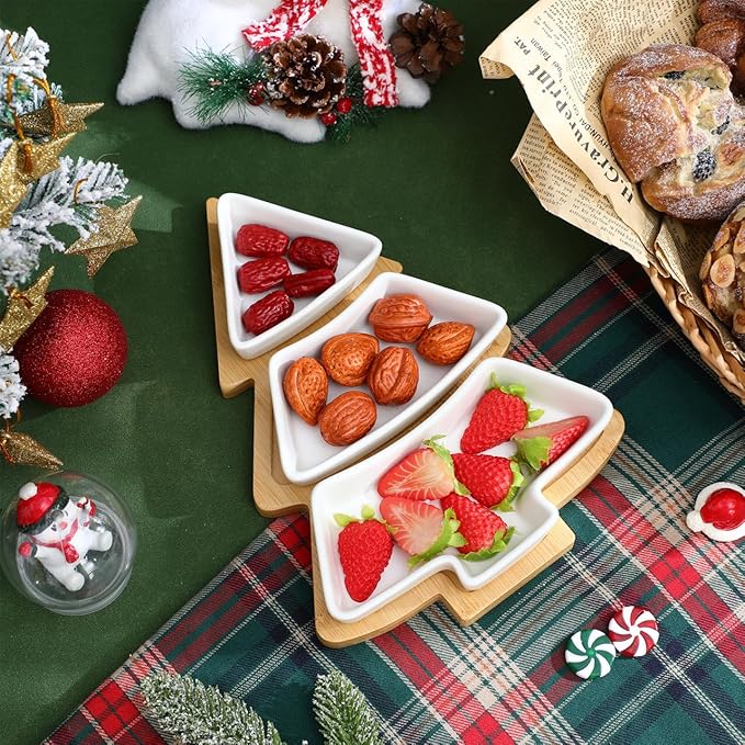 DOITOOL Christmas Serving Dish Ceramic Christmas Tree Platter with Wooden Base Xmas Serving Tray for Appetizer Candy Dessert Nuts Fruit Snack 10.6 x 7.5 Inch
