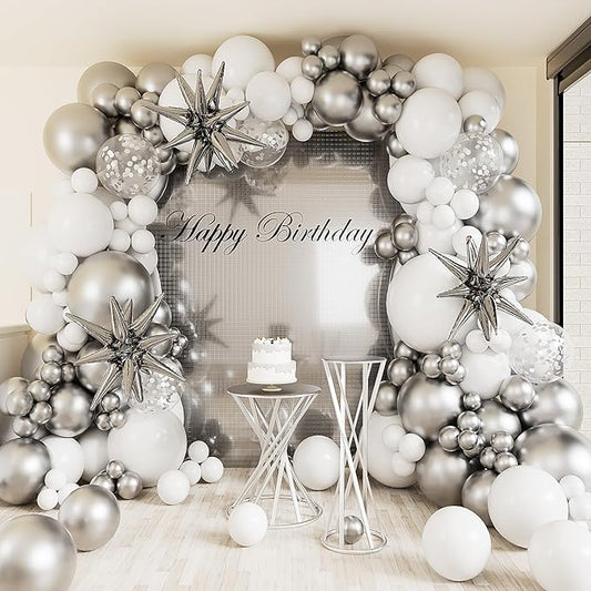 White Silver Balloons Arch Garland Kit-127Pcs Silver Explosion Star Foil Balloon Silver Confetti Balloon for Graduation,Birthday,Baby Shower,Christmas,Fiesta Party Decoration.