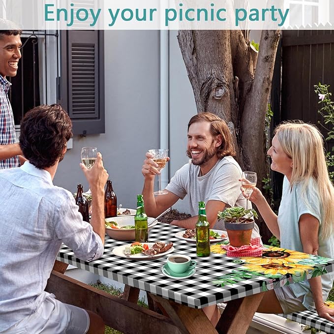 Picnic Table Cover with Bench Covers and Bag, Outdoor Waterproof Windproof Tablecloth with Elastic Edges. Camping Accessories RV Gear Campers 72x30 Inches 3 Pcs Set Black-White Checkered