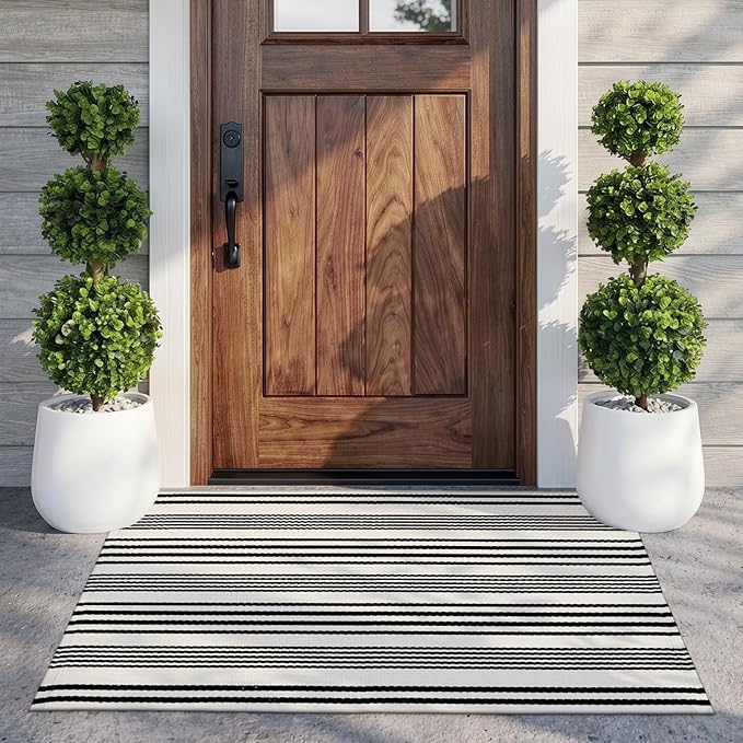 OJIA Front Door Rugs 27.5x43 Inches, Black and White Striped Outdoor Rugs Porch Rug Machine Washable Cotton Woven Entryway Rug Front Door Mats for Porch/Farmhouse/Kitchen/Home Outside Entrance Decor