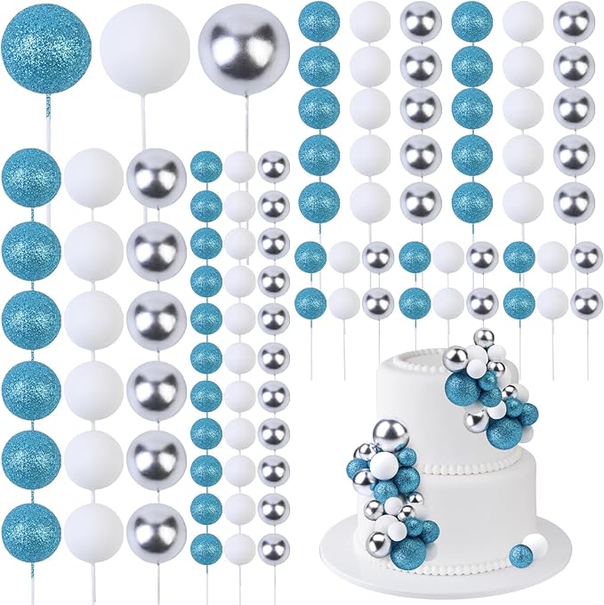 101 Pcs Teal Blue Theme Ball Cake Decorations - Teal Blue Silver White Ball Dessert Picks & Cupcake Toppers, Wedding Bridal Shower Birthday Party Baby Shower Gender Reveal Cake Supplies