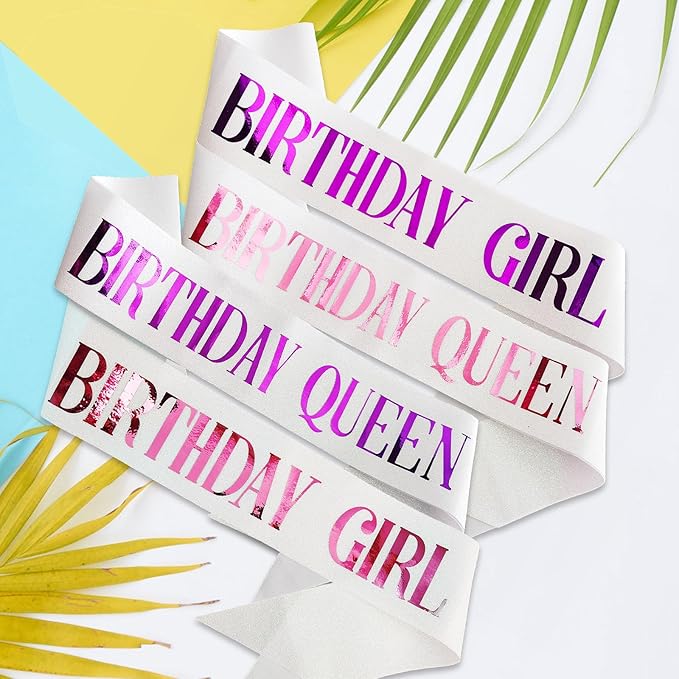 Birthday Queen Sash, Pink Foil Letter Glitter White Birthday Sash for Women 21st 30th 40th 50th 60th Gifts Fun Bday Party Favors Decorations