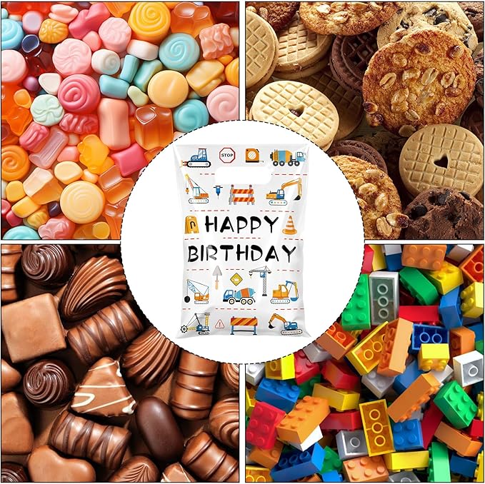 Hxezoc 50 Pieces Construction Gift Bags with Handle, Plastic Treat Candy Bag Construction Vehicle Favor Bag for Boys Kids Birthday Party Decoration Supplies