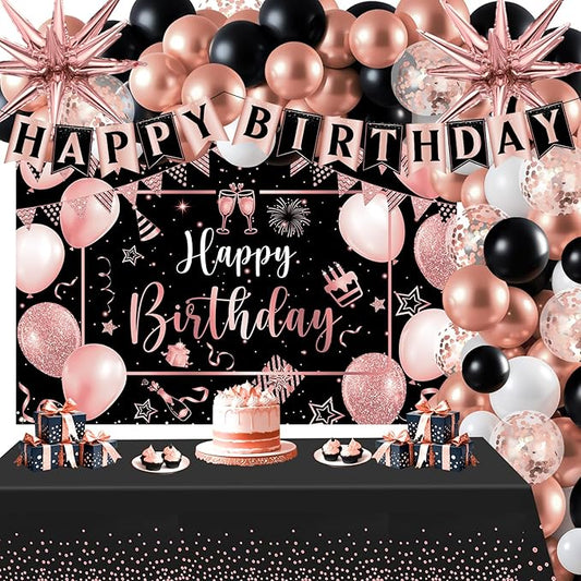 Rose Gold Birthday Party Decorations 63Pcs Rose Gold and Black Happy Birthday Banner Backdrop Balloons Arch Star Balloons Tablecloth for Women Anniversary Party Supplies