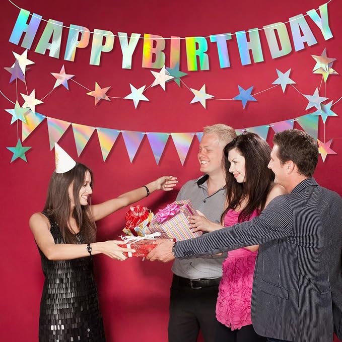 Iridescent Happy Birthday Banner Iridescent Birthday Decoration Shiny Holographic Birthday Banner Rainbow Holographic Pennant Flag 6.56FT Star Bunting Garland Iridescent Party Supplies for Girls Women