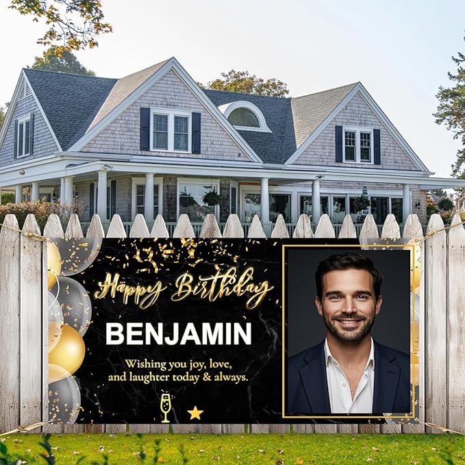 Happy Birthday Banner with Pictures Customized Backdrop and Name, Special Party Decoration for Husband Him Men Women, Personalized Banner for All Age Celebrations