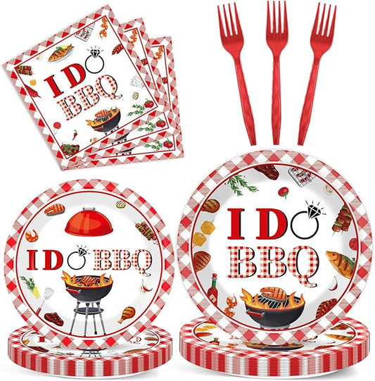Wiooffen 96 Pcs BBQ Bachelorette Party Plates Napkins Tableware Set I Do BBQ Party Supplies Disposable Red and White I Do Dinnerware for Summer Wedding Engagement Bridal Shower Supplies, 24 Guests