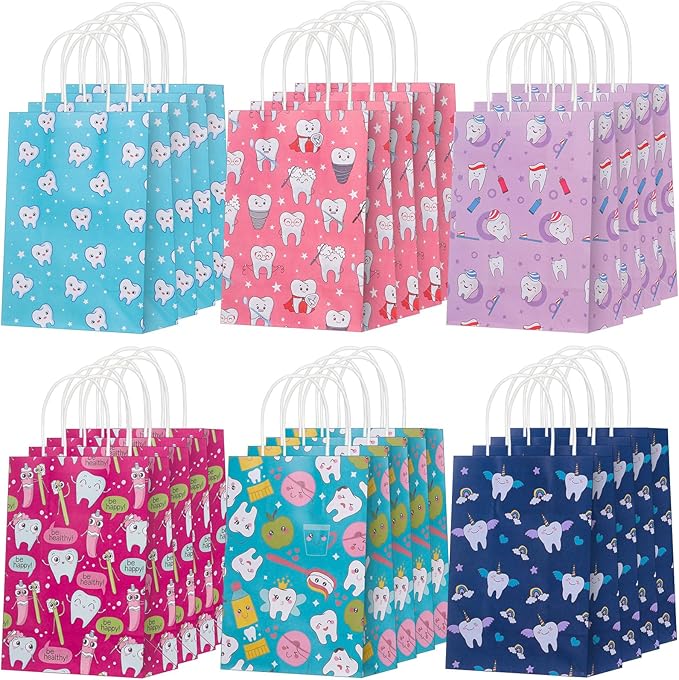 Gaillty 24 Pcs Dental Gift Bags Paper Tooth Merchandise Bags with Handles Teeth Goodie Treat Bag for Patient Dental Assistant Appreciation Week Gifts Dentist Clinics Office Hygiene Party Favors